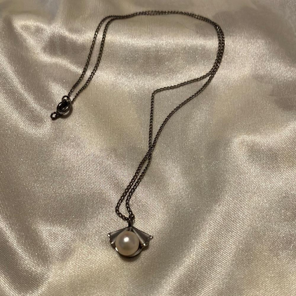 Vintage Genuine Pearl on Silver Chain. 16” long. Sitting on a Shell. Great Gift.